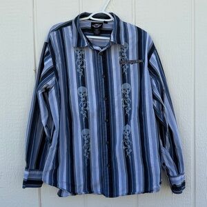 Harley Davidson Men's Size XL Blue Striped Skull Grunge Edgy Shirt Button Up Vtg